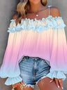Off-shoulder Color-blocked Gradient Lace T-shirt
