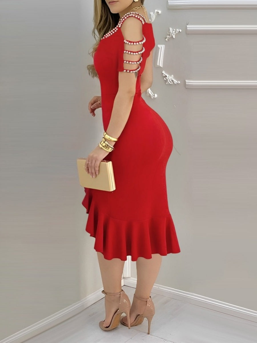 Ruffle Slit Pearl Decoration Midi Dresses