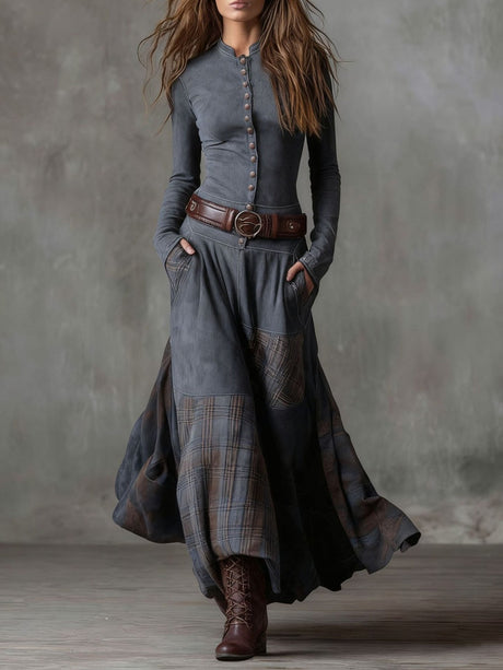 Suede Plaid Patchwork Pocket Buttons With Belt Maxi Dresses