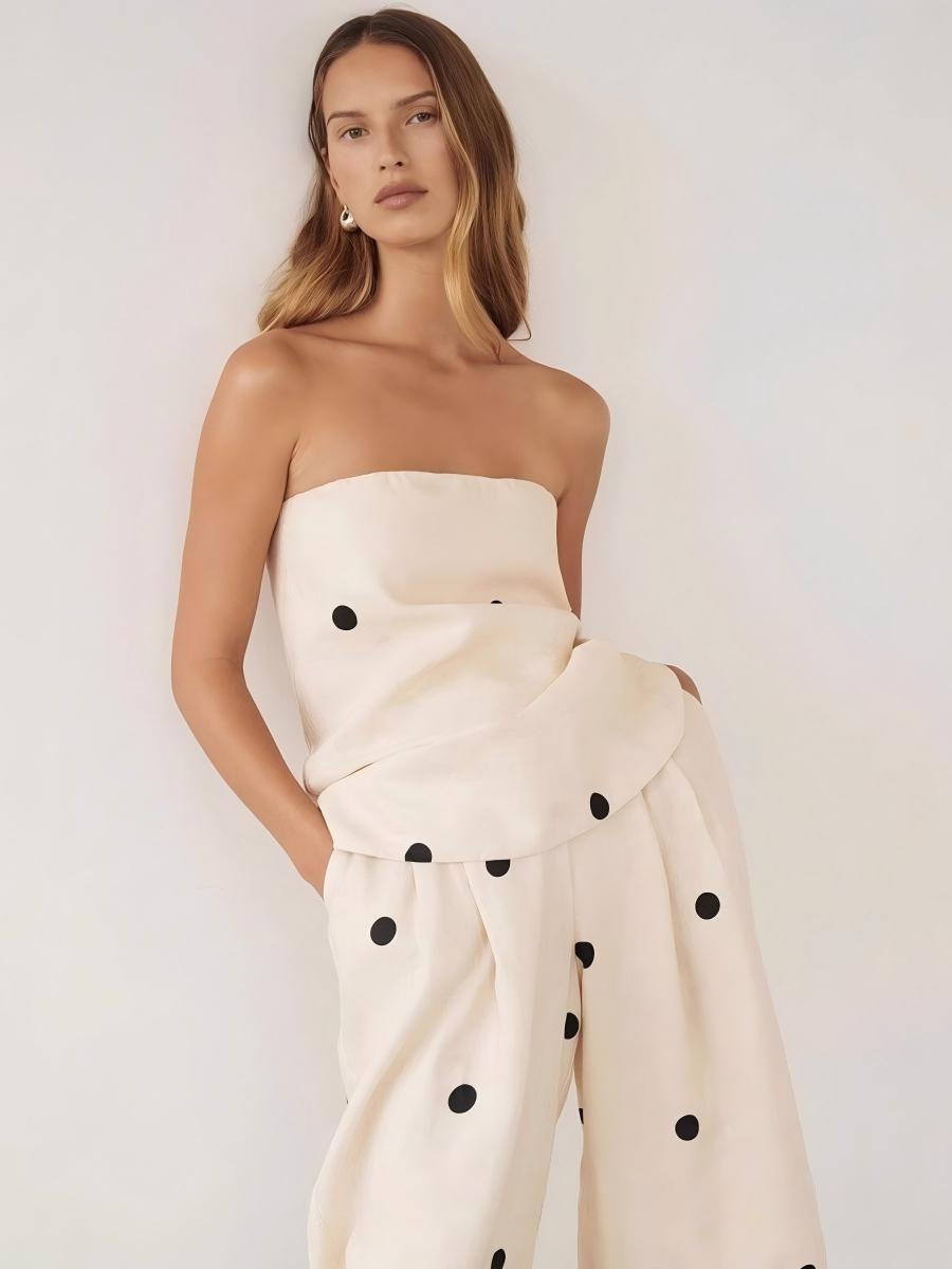 Polka Dot Strapless Vest Top And High-waisted Wide-leg Pants Two-piece Set