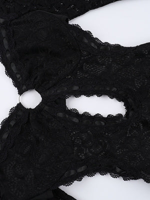 Black Lace Long-sleeved Jumpsuit Shorts