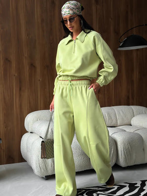 American Retro Color-blocked Striped Tracksuit For Women Two-piece Set: Collared Half-zip Sweatshirt And High-waisted Wide-leg Sweatpants