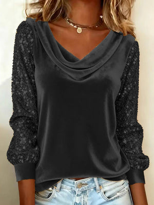 Swing Collar Velvet Sequins Spliced Long Sleeve T-shirts