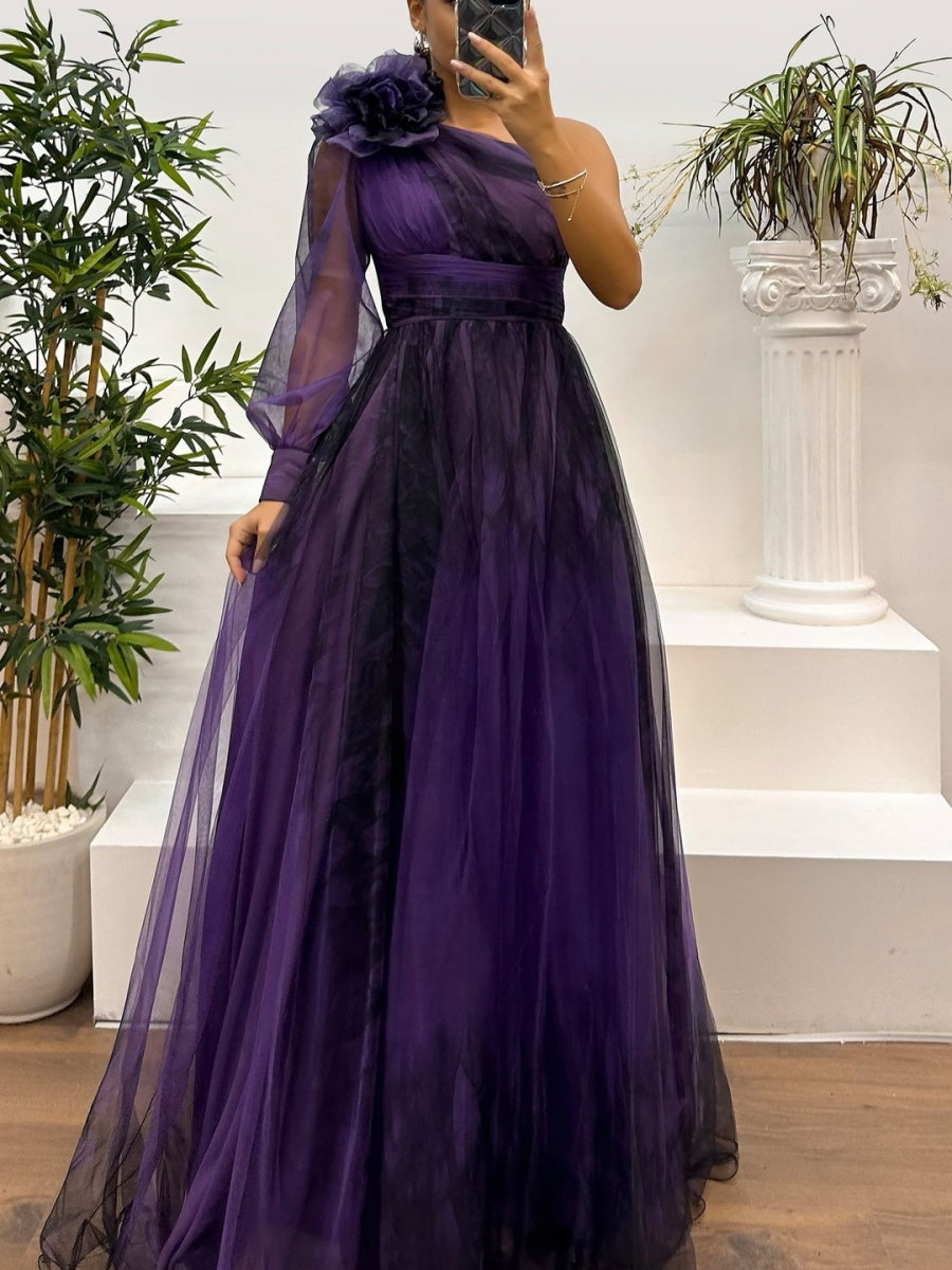 Sloping Shoulders Mesh Printed Reunion Maxi Dresses