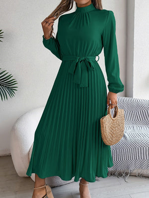 Stand Collar Long Sleeve Waist Pleats Midi Dresses