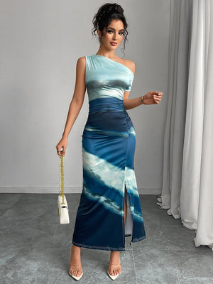 Sleeveless Sloping Shoulders Gradient Print Slim Fit Maxi Dresses