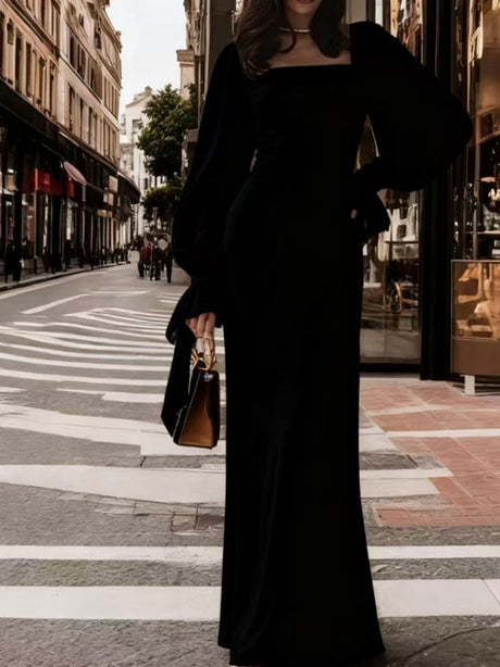 Square Neckline Fitted Long-sleeved Dress With Mesh Paneling