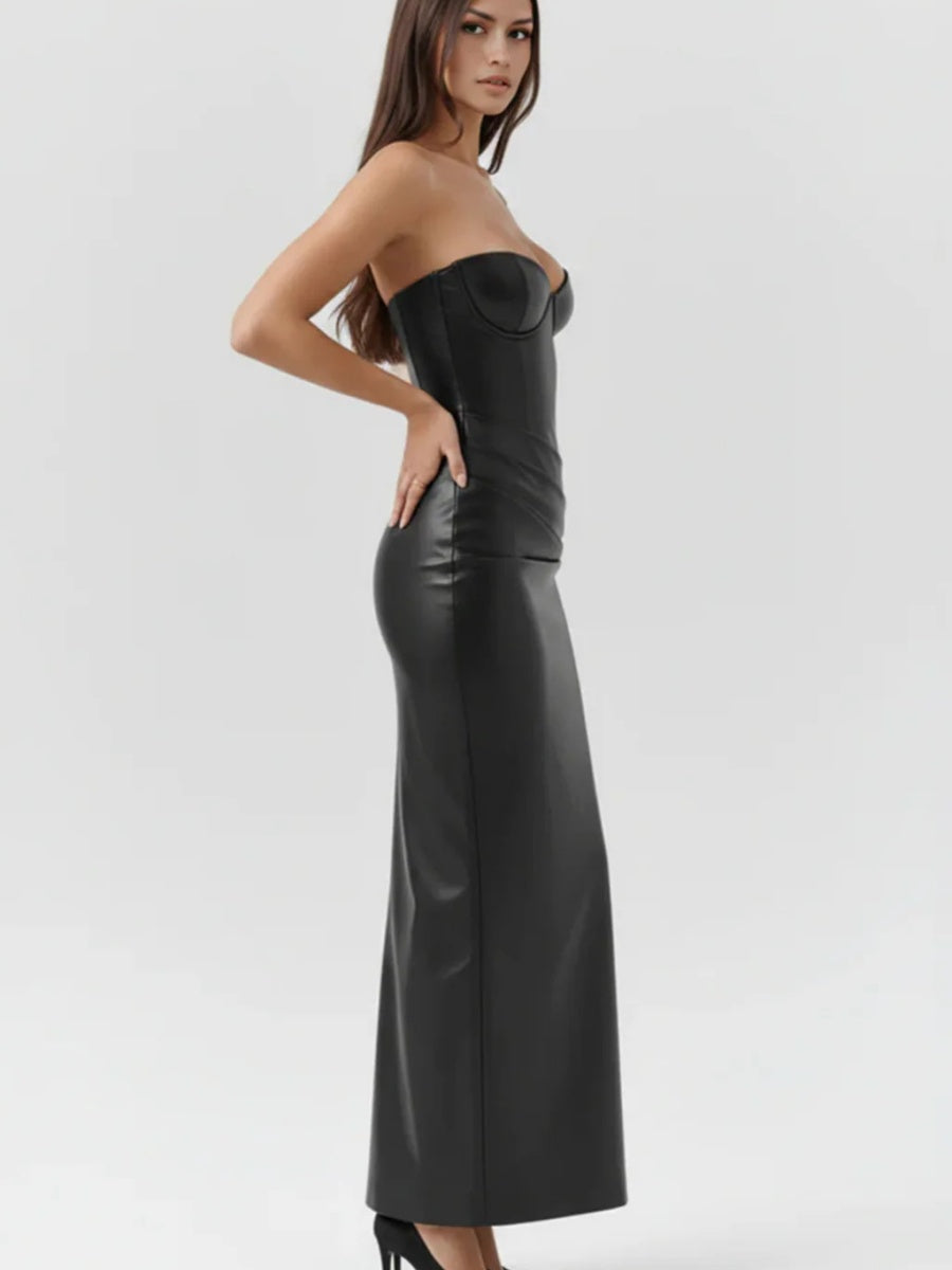 PU Leather Tube Top Bandage Slits Hip-hugging Maxi Dresses