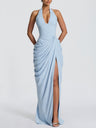 Halter Neck Pleated High Slit Long Dress