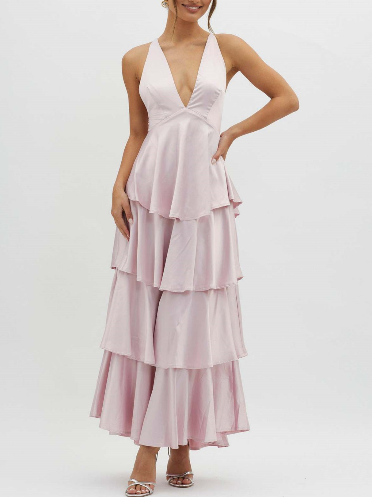 Ruffled Splicing Satin V-neck Tank Top Maxi Dresses