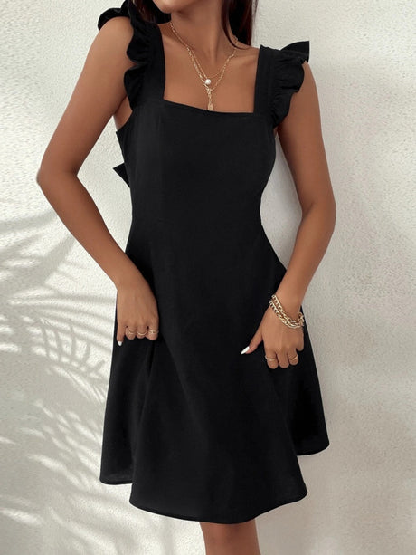 Pure Cotton Sweet Ruffled Back Hollow-Out Solid Color Short Dress