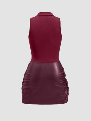 Sleeveless Mini Dress With Front Tie And PU Trim Two-piece Set