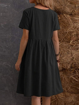 Retro Loose-fitting Pocket Solid Color Round Neck Cotton Linen Short Dress