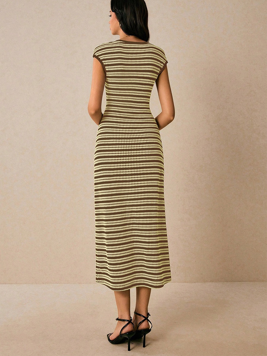 Stripes Knitting Sleeveless Slim Fit Midi Dresses
