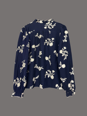 Floral Embroidery Color-blocked V-neck Lantern Sleeve Shirt