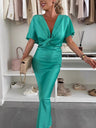 Liber Spring Women's Twisting Chest Solid Color Satin Long Dress