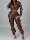 PU Leather Hair Removal Pants Long-sleeved Jacket 2-piece Sets