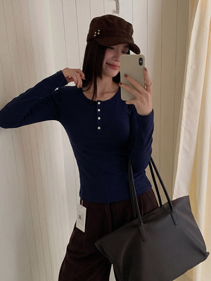 Korean Style Henley Collar Top With Straight Shoulders