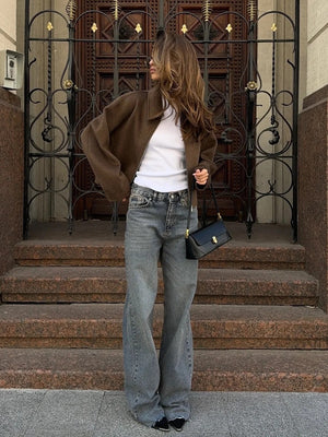 Vintage Distressed Brown Zip-up Long-sleeved Short Jacket
