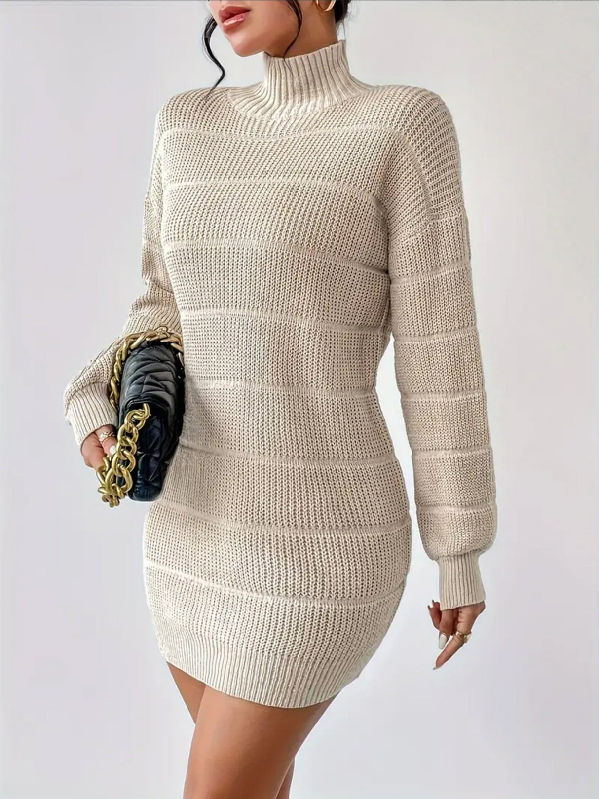 High Collar Long Sleeve Waist-cinching And Hip-hugging Knitted Sweaters Midi Dresses
