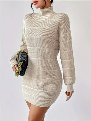 High Collar Long Sleeve Waist-cinching And Hip-hugging Knitted Sweaters Midi Dresses