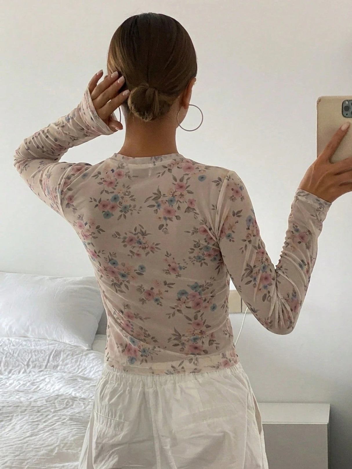 Mesh Print Crew Neck See-through T-shirt