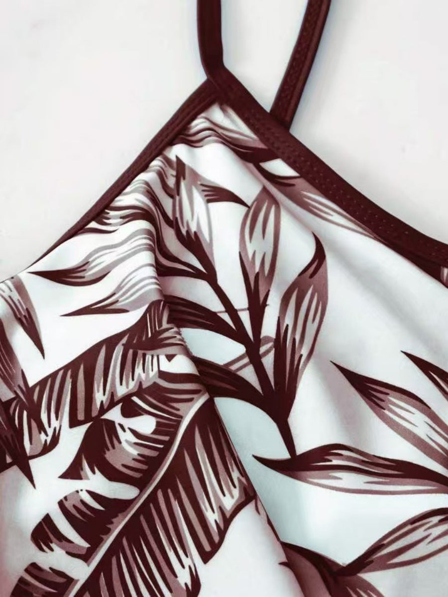 Leaf Print Ruffled Drawstring Boxer Shorts Bikini