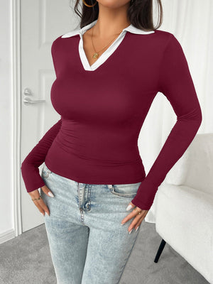Simplicity Contrast Lapels Long Sleeve T-shirts