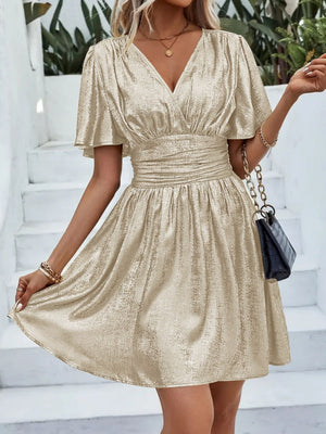 V-neck With Ruffled Sleeves Metallic Color Mini&Short Dresses