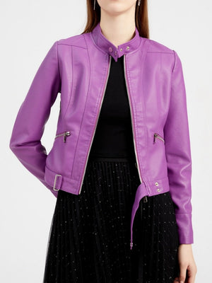 Three-dimensional Decoration Short Stand Collar Zippered Leather Jacket