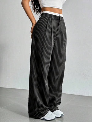 High Waist Color Matching Simplicity Drape Stripes Straight Wide Leg Pants