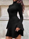 Long-sleeved Solid Color Top, High-neck Fitted A-line Knit Sweater, Short Dress
