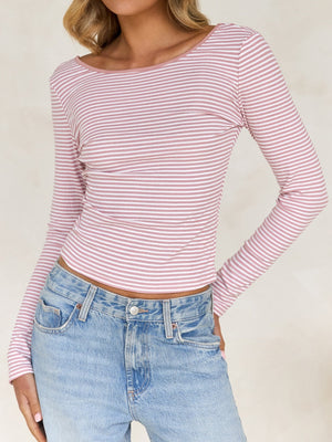Simplicity Contrasting Colors Stripes Backless Long Sleeve T-shirts