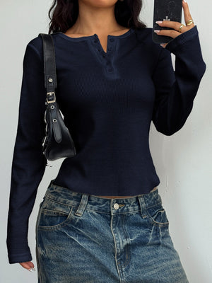 Simplicity Buttons Solid Color Long Sleeve T-shirts