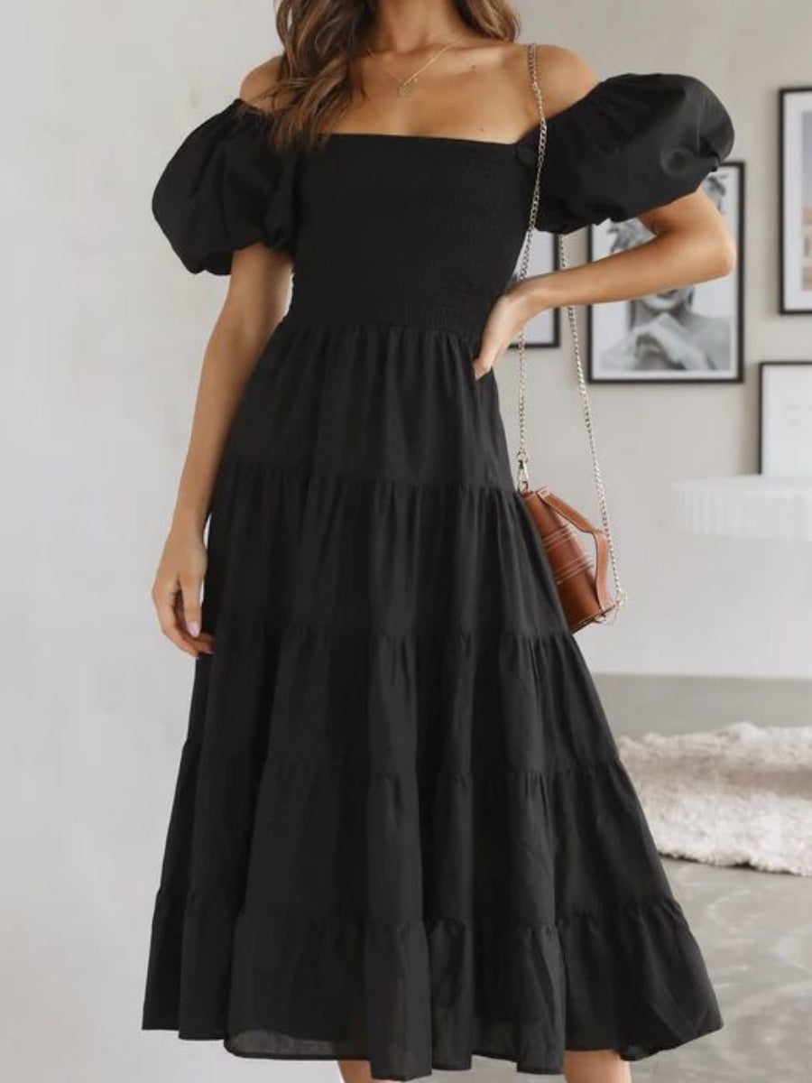 Off-the-shoulder Geometric Color-blocked Print Tulle Skirt With Puff Sleeves Long Dress