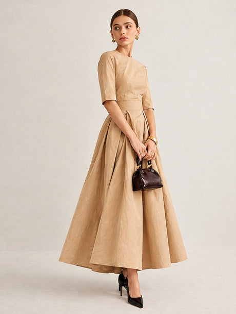 Three-quarter Sleeves A-pendulum Black Waist Maxi Dresses