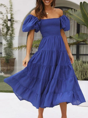 Off-the-shoulder Geometric Color-blocked Print Tulle Skirt With Puff Sleeves Long Dress