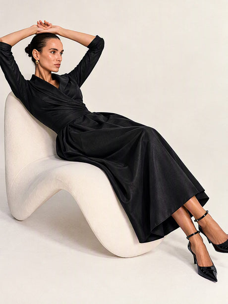 Long Sleeve Wrap-up Big Swing Solid Color Midi Dresses