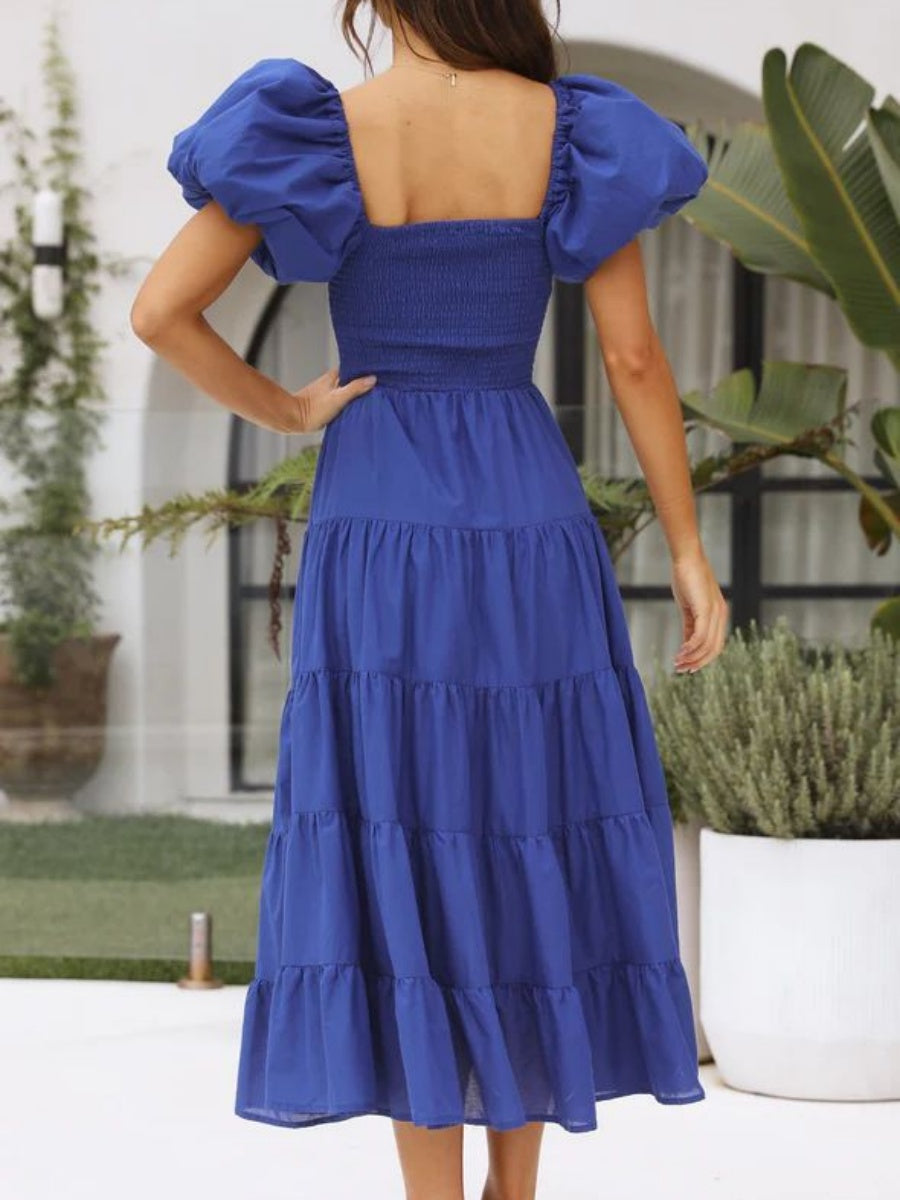 Off-the-shoulder Geometric Color-blocked Print Tulle Skirt With Puff Sleeves Long Dress