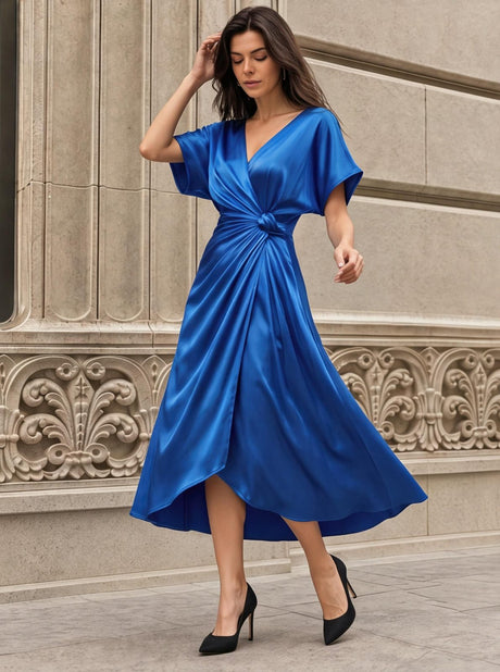 V-neck Short Sleeve Solid Color Satin Maxi Dresses
