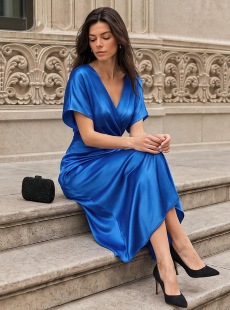 V-neck Short Sleeve Solid Color Satin Maxi Dresses