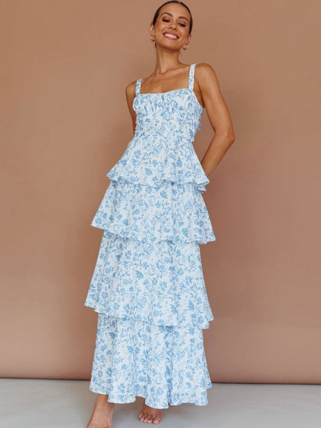 Floral Bow Tie Back Tiered Ruffle Maxi Dress