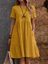 Retro Loose-fitting Pocket Solid Color Round Neck Cotton Linen Short Dress