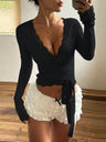 Lace-trimmed V-neck Tie-up Long Sleeves T-shirts
