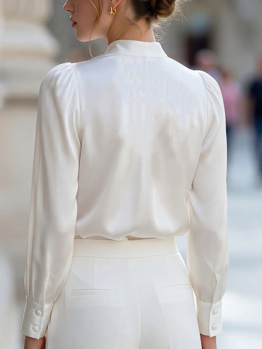 Satin Stand Collar Puff Sleeve Long Sleeve Blouse&Shirts