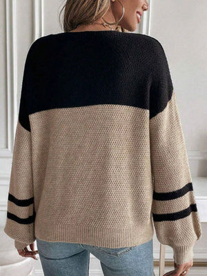 Long Sleeve Crew Neck Color Matching Knitting Pullover Sweater