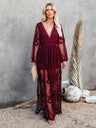 Lace Long-sleeved V-neck Solid Color Chiffon Long Dress