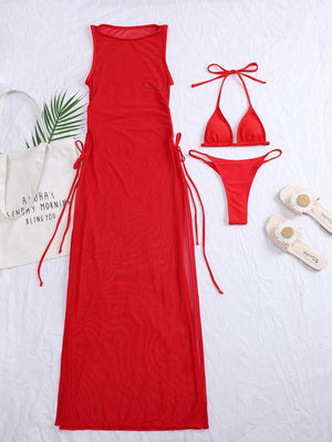 Solid Color Mesh Cover-up Bikini Three-piece Set