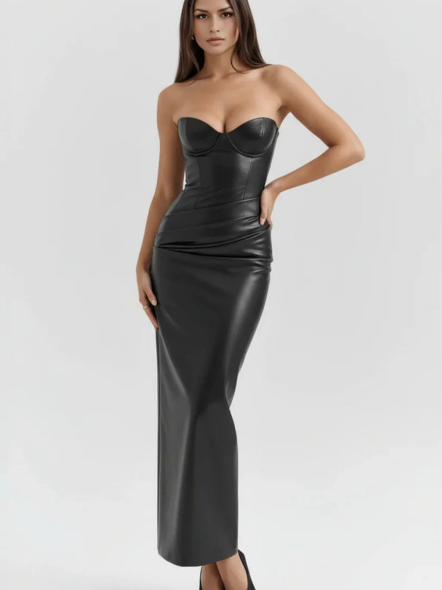 PU Leather Tube Top Bandage Slits Hip-hugging Maxi Dresses