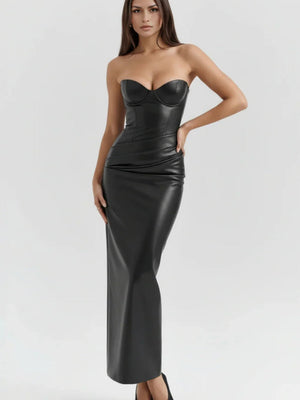 PU Leather Tube Top Bandage Slits Hip-hugging Maxi Dresses